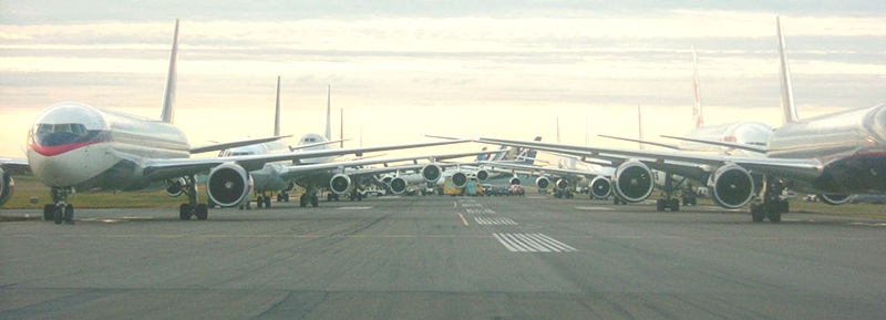 Grounded planes line the runway at Halifax Stanfield International Airport on September 11, 2001