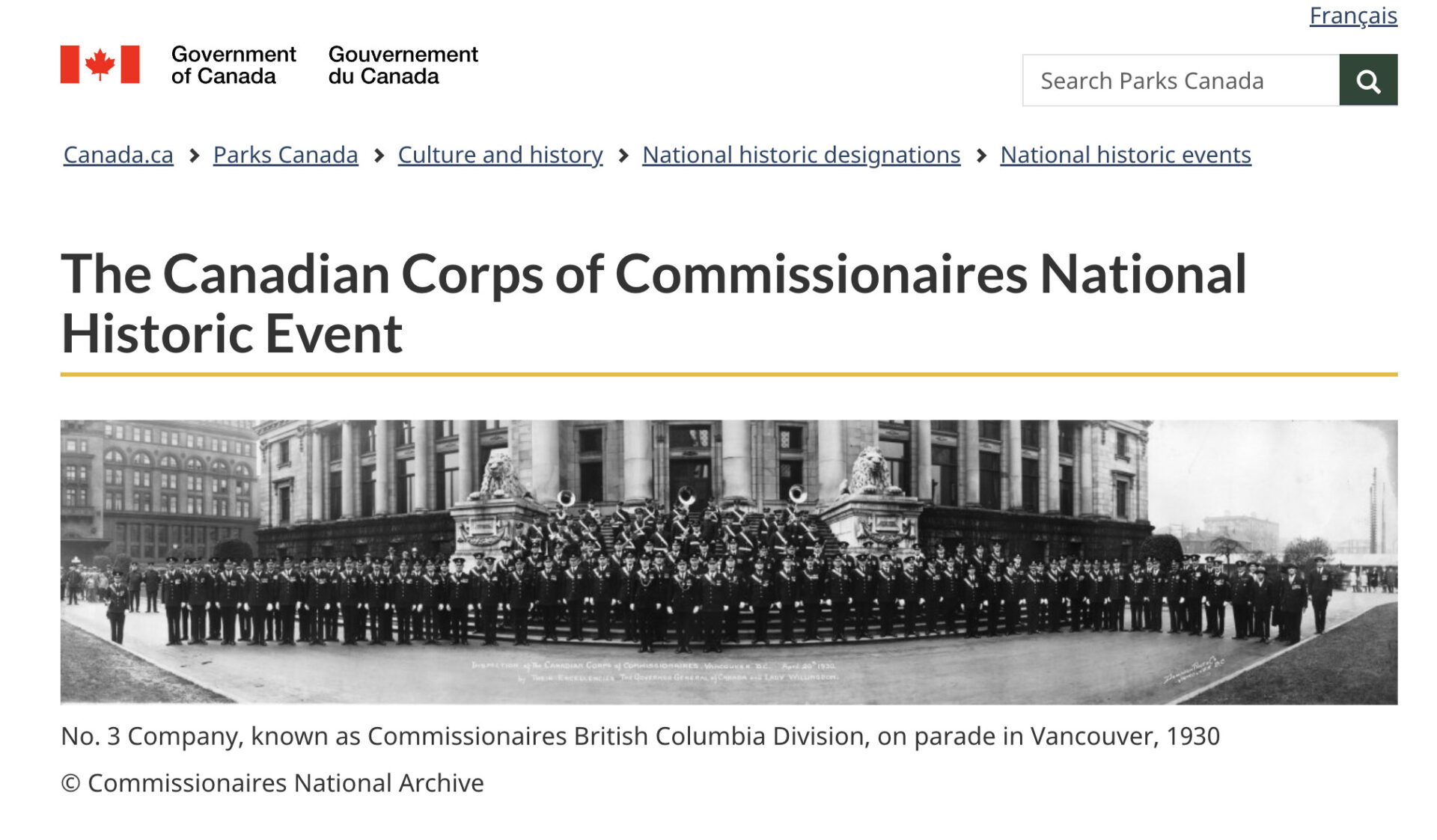 Government of Canada new release announcing the Canadian Corps of Commissionaires as a national historic rvent